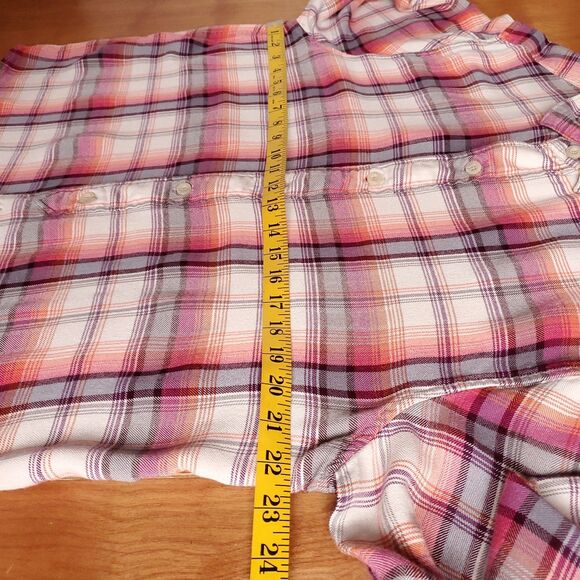 Tommy Bahama Flannel Shirt Mens L Plaid Long Sleeve Pink Orange Cream Colorful - Picture 8 of 10